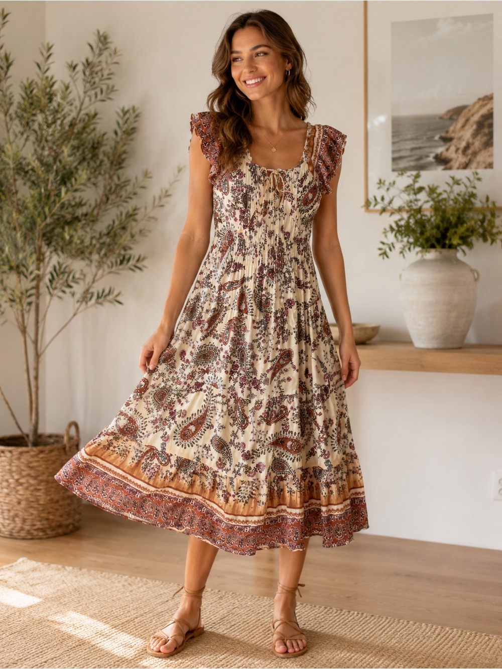 NWT💙 Cream Midi Dress with Rust Paisley Print